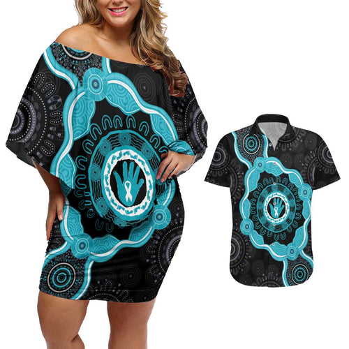Australia Ovarian Cancer Awareness Couples Matching Off Shoulder Short Dress and Hawaiian Shirt Brave Strong Teal Ribbon Aboriginal Art - Aussie Hoodie