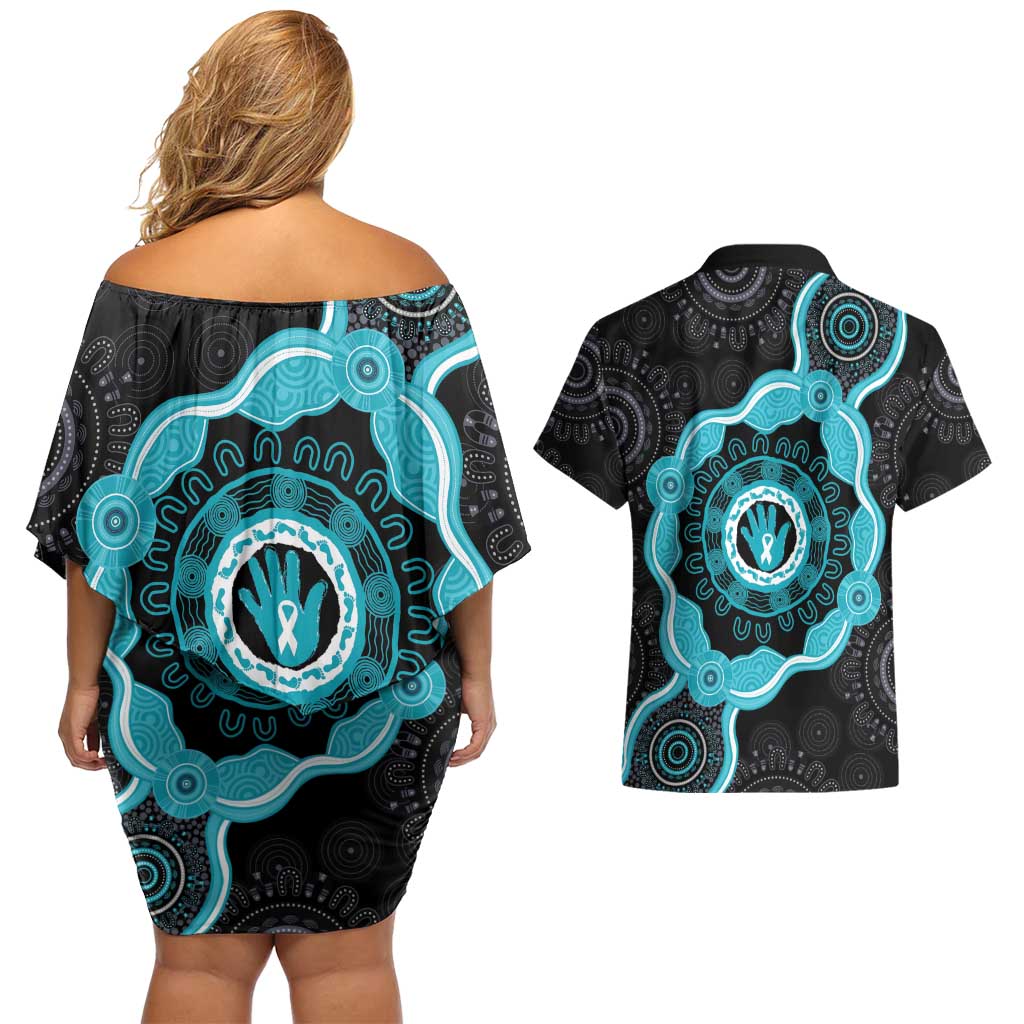 Australia Ovarian Cancer Awareness Couples Matching Off Shoulder Short Dress and Hawaiian Shirt Brave Strong Teal Ribbon Aboriginal Art - Aussie Hoodie