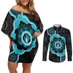 Australia Ovarian Cancer Awareness Couples Matching Off Shoulder Short Dress and Long Sleeve Button Shirt Brave Strong Teal Ribbon Aboriginal Art - Aussie Hoodie