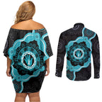 Australia Ovarian Cancer Awareness Couples Matching Off Shoulder Short Dress and Long Sleeve Button Shirt Brave Strong Teal Ribbon Aboriginal Art - Aussie Hoodie