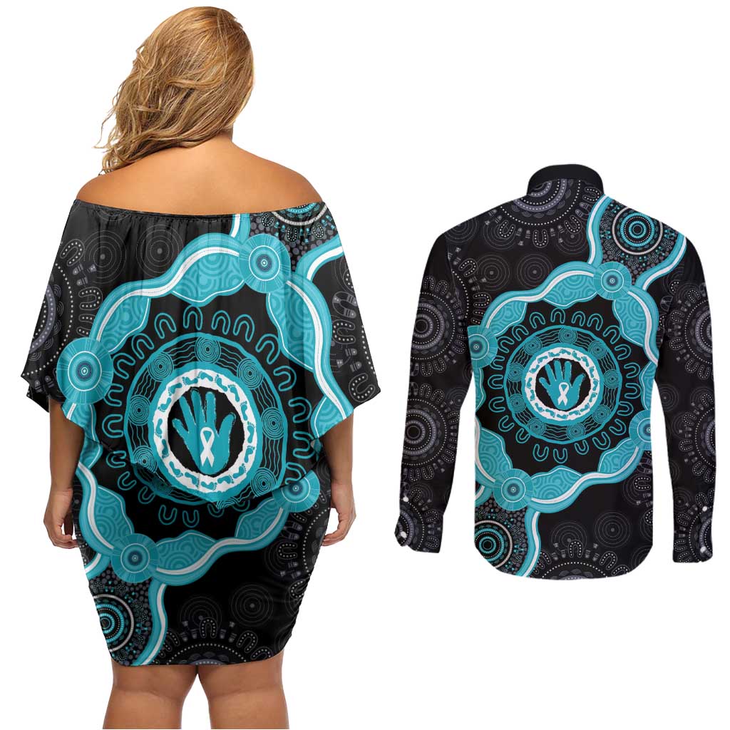 Australia Ovarian Cancer Awareness Couples Matching Off Shoulder Short Dress and Long Sleeve Button Shirt Brave Strong Teal Ribbon Aboriginal Art - Aussie Hoodie