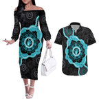 Australia Ovarian Cancer Awareness Couples Matching Off The Shoulder Long Sleeve Dress and Hawaiian Shirt Brave Strong Teal Ribbon Aboriginal Art - Aussie Hoodie