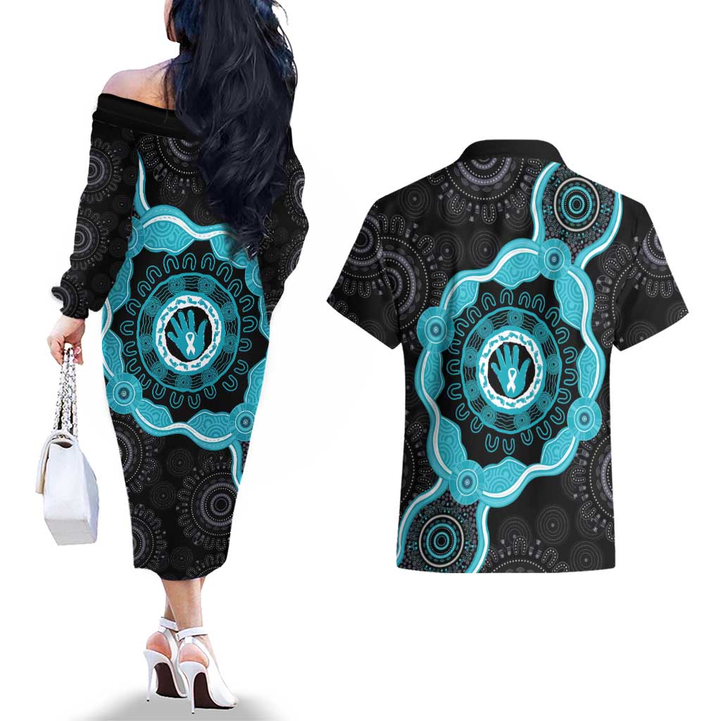 Australia Ovarian Cancer Awareness Couples Matching Off The Shoulder Long Sleeve Dress and Hawaiian Shirt Brave Strong Teal Ribbon Aboriginal Art - Aussie Hoodie