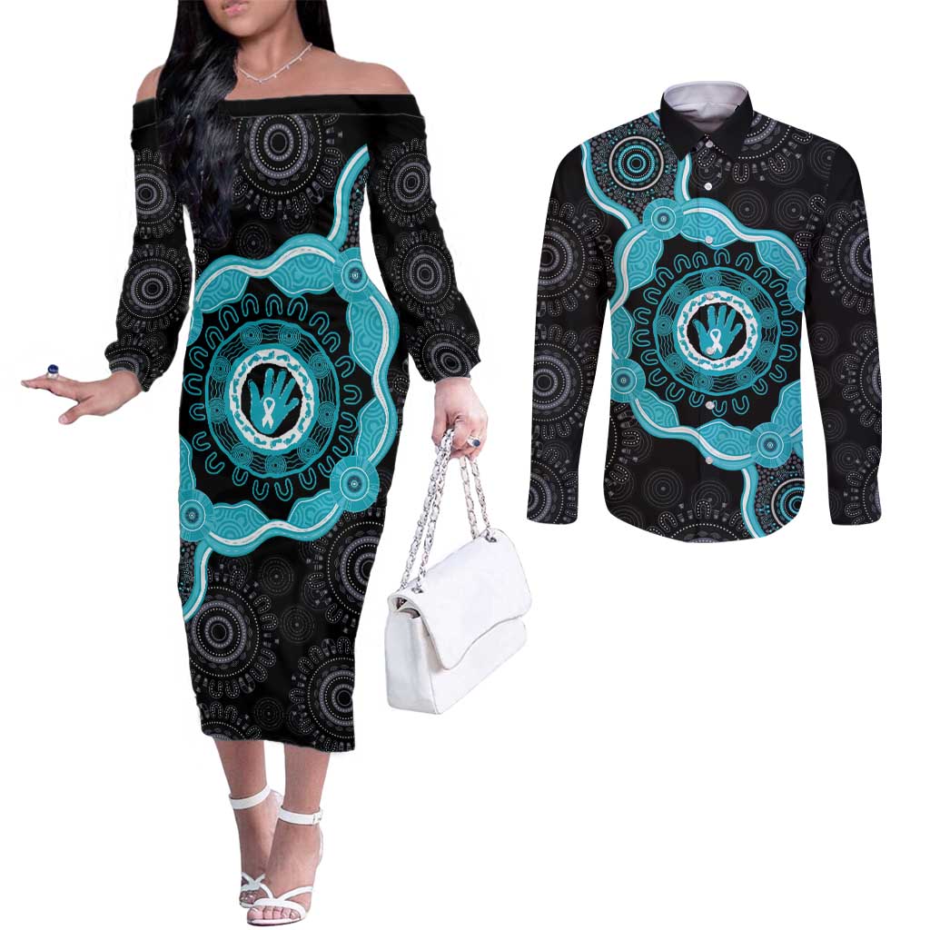 Australia Ovarian Cancer Awareness Couples Matching Off The Shoulder Long Sleeve Dress and Long Sleeve Button Shirt Brave Strong Teal Ribbon Aboriginal Art - Aussie Hoodie
