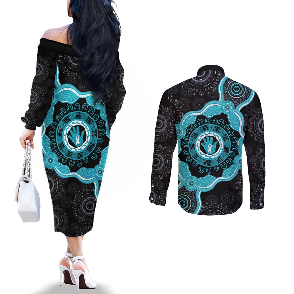 Australia Ovarian Cancer Awareness Couples Matching Off The Shoulder Long Sleeve Dress and Long Sleeve Button Shirt Brave Strong Teal Ribbon Aboriginal Art - Aussie Hoodie