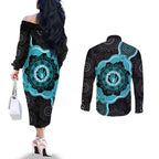 Australia Ovarian Cancer Awareness Couples Matching Off The Shoulder Long Sleeve Dress and Long Sleeve Button Shirt Brave Strong Teal Ribbon Aboriginal Art - Aussie Hoodie