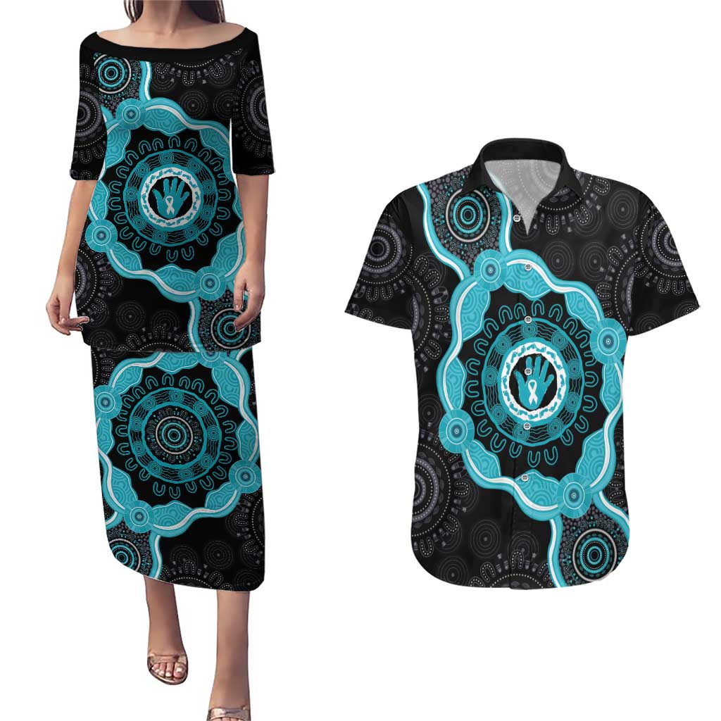 Australia Ovarian Cancer Awareness Couples Matching Puletasi and Hawaiian Shirt Brave Strong Teal Ribbon Aboriginal Art - Aussie Hoodie