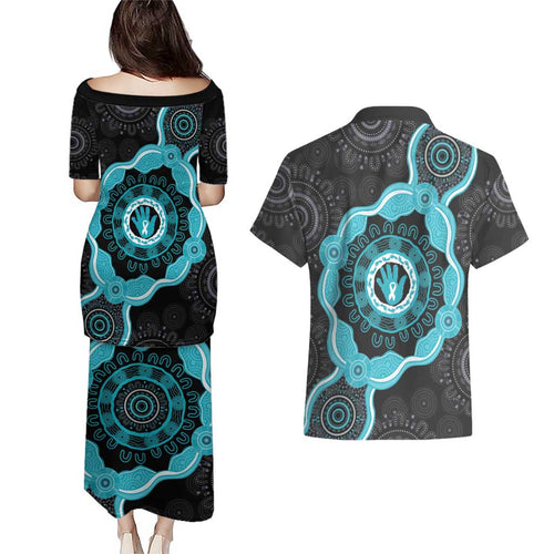 Australia Ovarian Cancer Awareness Couples Matching Puletasi and Hawaiian Shirt Brave Strong Teal Ribbon Aboriginal Art - Aussie Hoodie