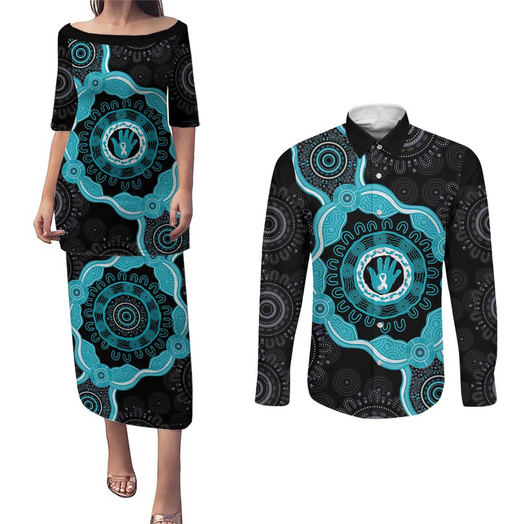 Australia Ovarian Cancer Awareness Couples Matching Puletasi and Long Sleeve Button Shirt Brave Strong Teal Ribbon Aboriginal Art - Aussie Hoodie