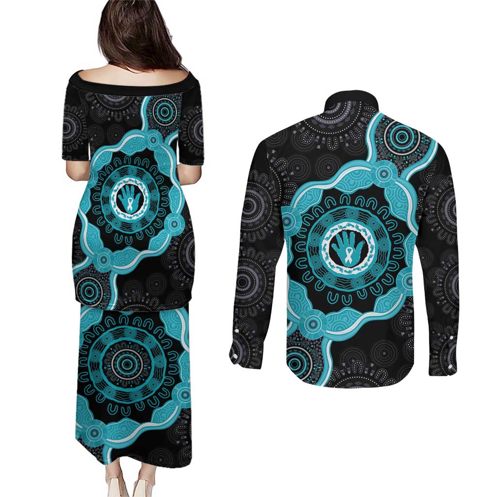 Australia Ovarian Cancer Awareness Couples Matching Puletasi and Long Sleeve Button Shirt Brave Strong Teal Ribbon Aboriginal Art - Aussie Hoodie