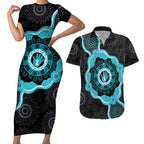 Australia Ovarian Cancer Awareness Couples Matching Short Sleeve Bodycon Dress and Hawaiian Shirt Brave Strong Teal Ribbon Aboriginal Art - Aussie Hoodie
