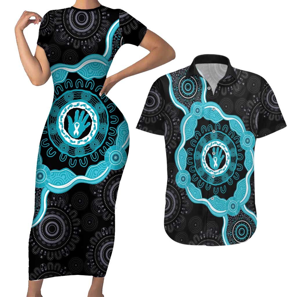 Australia Ovarian Cancer Awareness Couples Matching Short Sleeve Bodycon Dress and Hawaiian Shirt Brave Strong Teal Ribbon Aboriginal Art - Aussie Hoodie