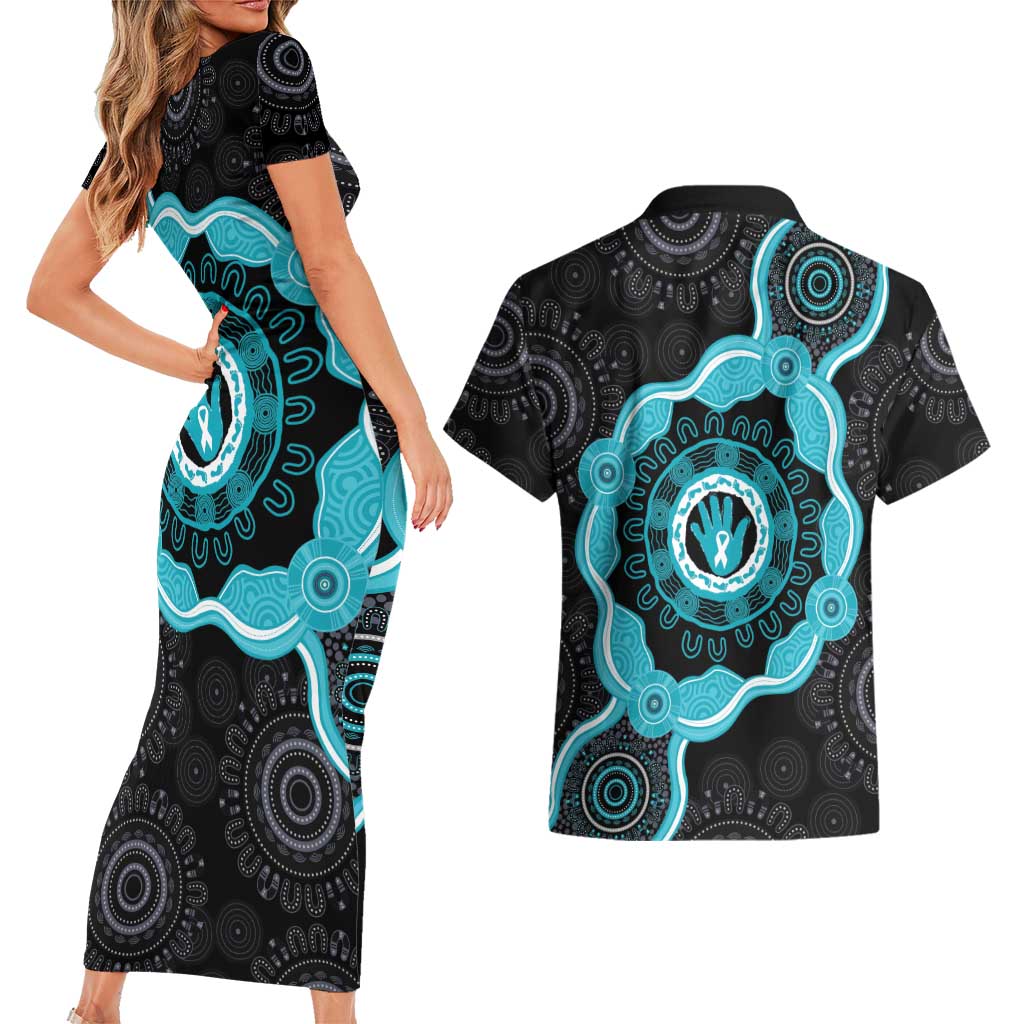 Australia Ovarian Cancer Awareness Couples Matching Short Sleeve Bodycon Dress and Hawaiian Shirt Brave Strong Teal Ribbon Aboriginal Art - Aussie Hoodie