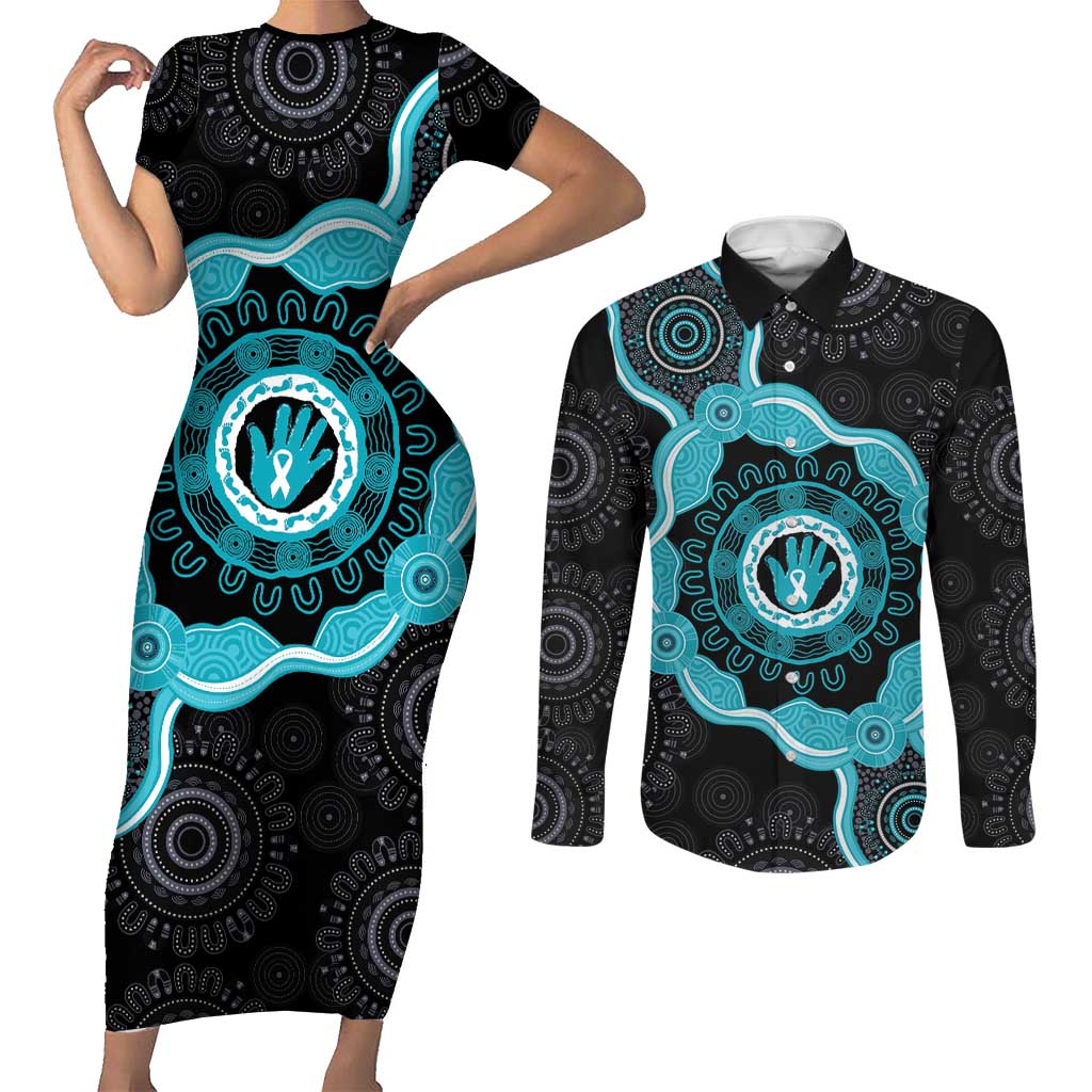 Australia Ovarian Cancer Awareness Couples Matching Short Sleeve Bodycon Dress and Long Sleeve Button Shirt Brave Strong Teal Ribbon Aboriginal Art - Aussie Hoodie