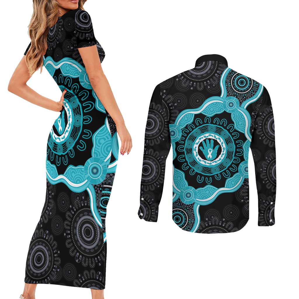 Australia Ovarian Cancer Awareness Couples Matching Short Sleeve Bodycon Dress and Long Sleeve Button Shirt Brave Strong Teal Ribbon Aboriginal Art - Aussie Hoodie