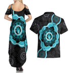 Australia Ovarian Cancer Awareness Couples Matching Summer Maxi Dress and Hawaiian Shirt Brave Strong Teal Ribbon Aboriginal Art - Aussie Hoodie