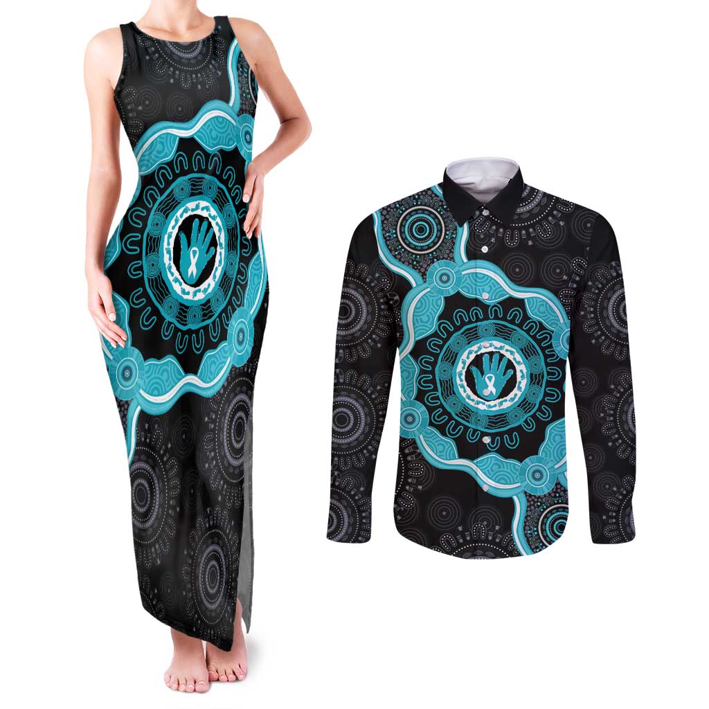 Australia Ovarian Cancer Awareness Couples Matching Tank Maxi Dress and Long Sleeve Button Shirt Brave Strong Teal Ribbon Aboriginal Art - Aussie Hoodie