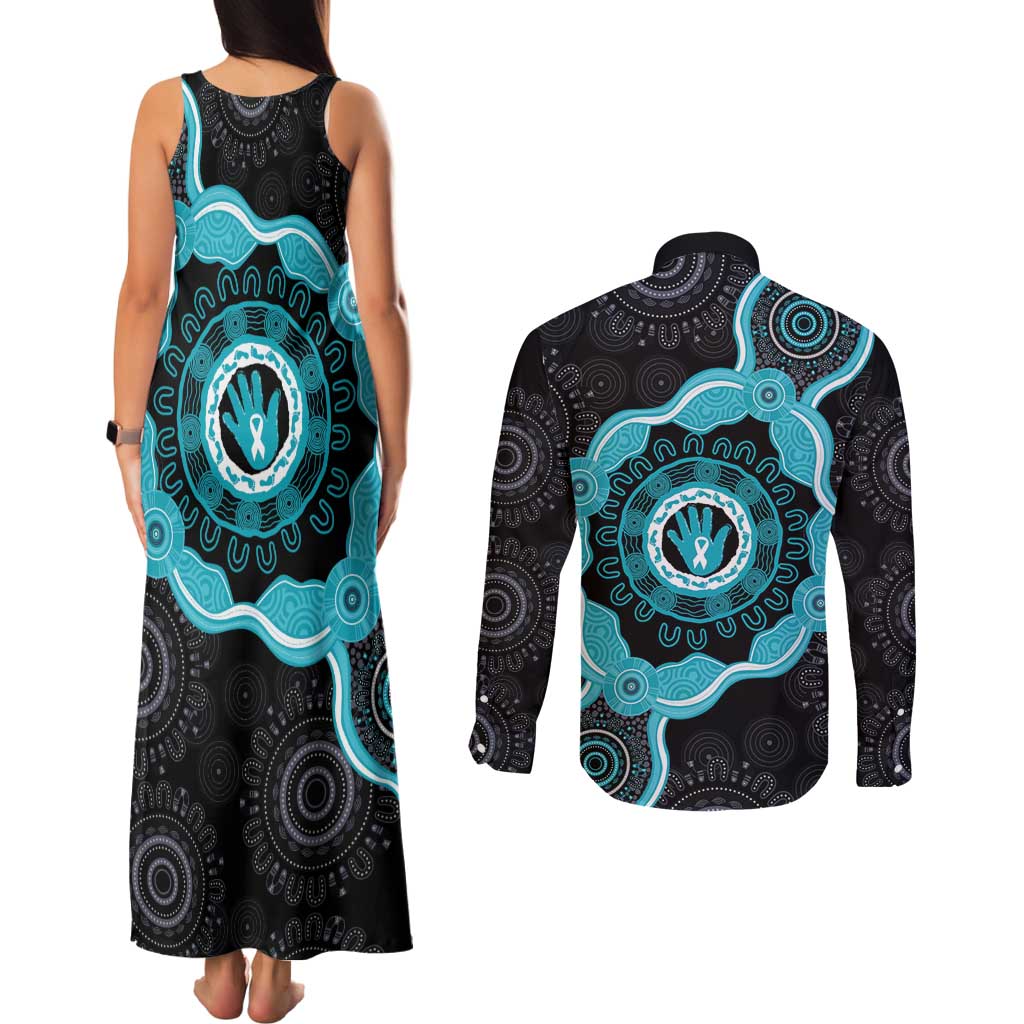 Australia Ovarian Cancer Awareness Couples Matching Tank Maxi Dress and Long Sleeve Button Shirt Brave Strong Teal Ribbon Aboriginal Art - Aussie Hoodie