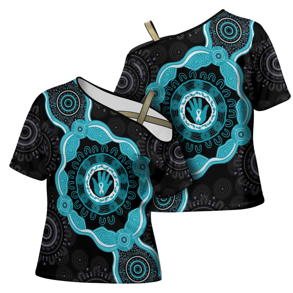 Australia Ovarian Cancer Awareness Cross Shoulder Shirt Brave Strong Teal Ribbon Aboriginal Art - Aussie Hoodie