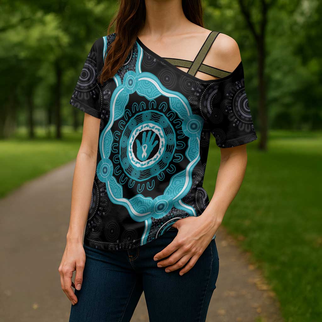 Australia Ovarian Cancer Awareness Cross Shoulder Shirt Brave Strong Teal Ribbon Aboriginal Art - Aussie Hoodie