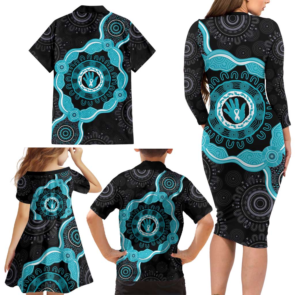 Australia Ovarian Cancer Awareness Family Matching Long Sleeve Bodycon Dress and Hawaiian Shirt Brave Strong Teal Ribbon Aboriginal Art - Aussie Hoodie