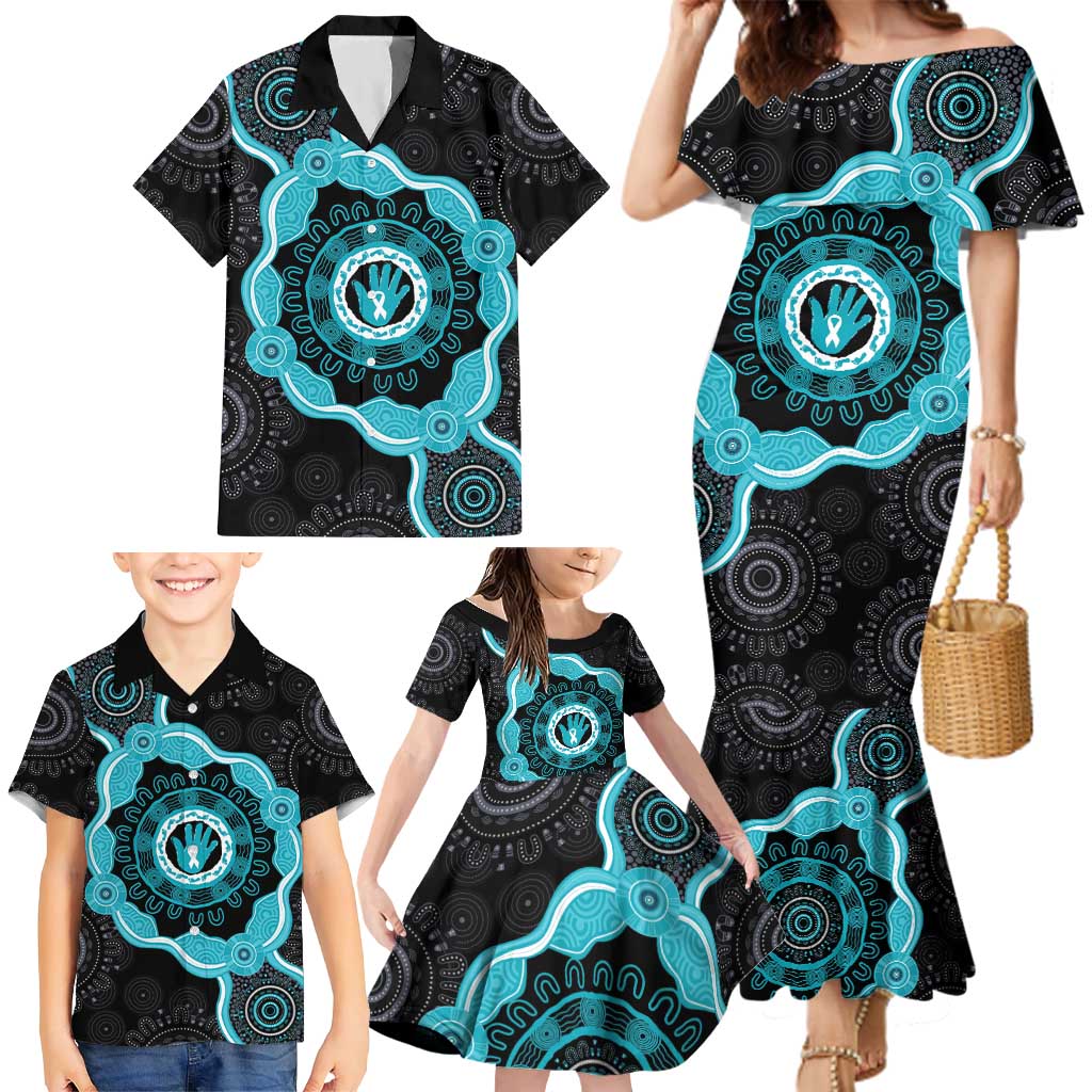 Australia Ovarian Cancer Awareness Family Matching Mermaid Dress and Hawaiian Shirt Brave Strong Teal Ribbon Aboriginal Art - Aussie Hoodie