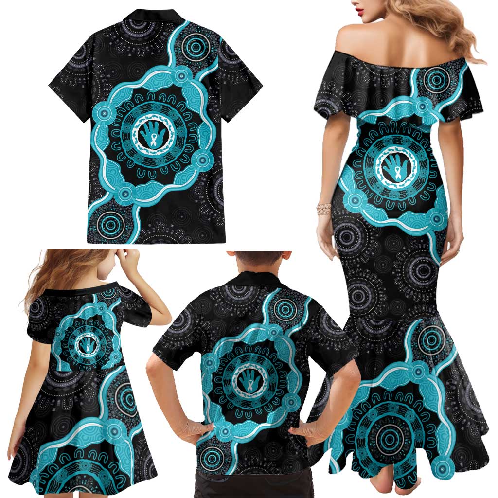 Australia Ovarian Cancer Awareness Family Matching Mermaid Dress and Hawaiian Shirt Brave Strong Teal Ribbon Aboriginal Art - Aussie Hoodie