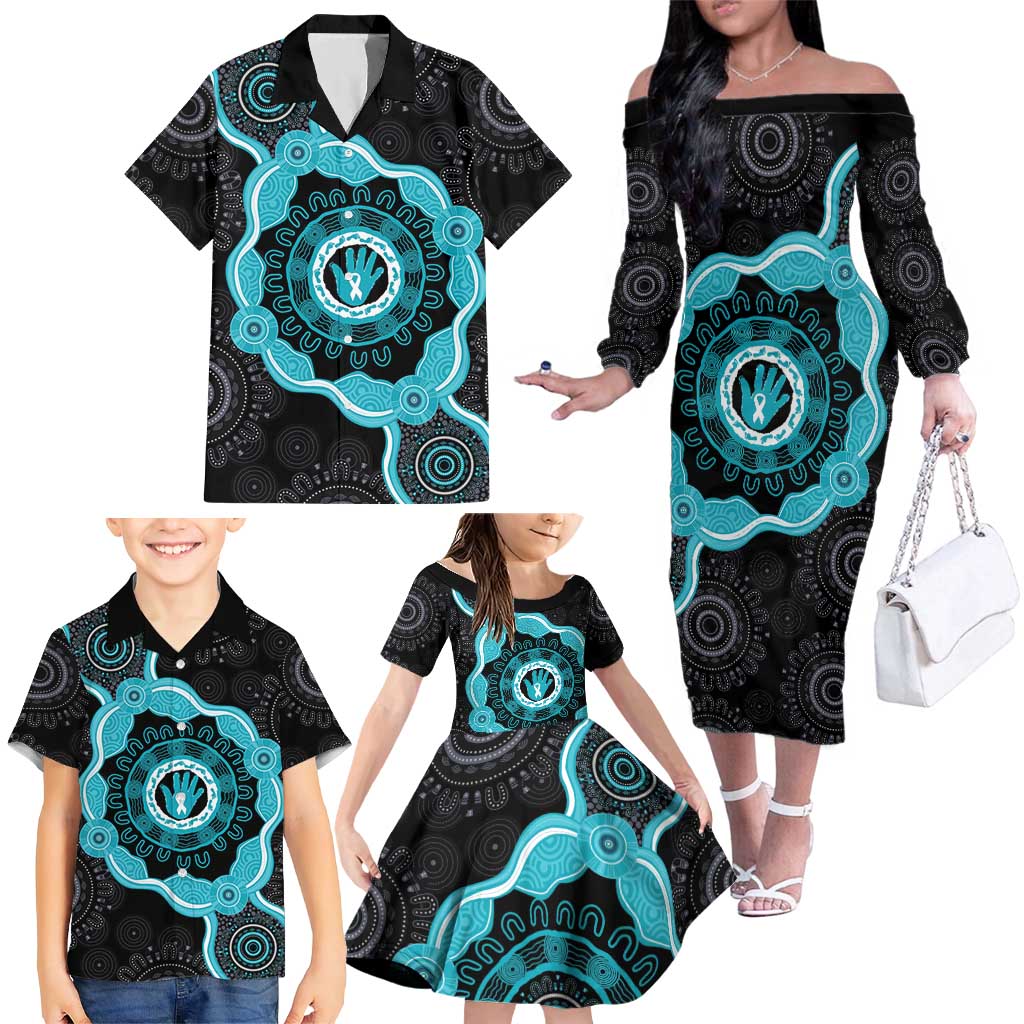 Australia Ovarian Cancer Awareness Family Matching Off The Shoulder Long Sleeve Dress and Hawaiian Shirt Brave Strong Teal Ribbon Aboriginal Art - Aussie Hoodie