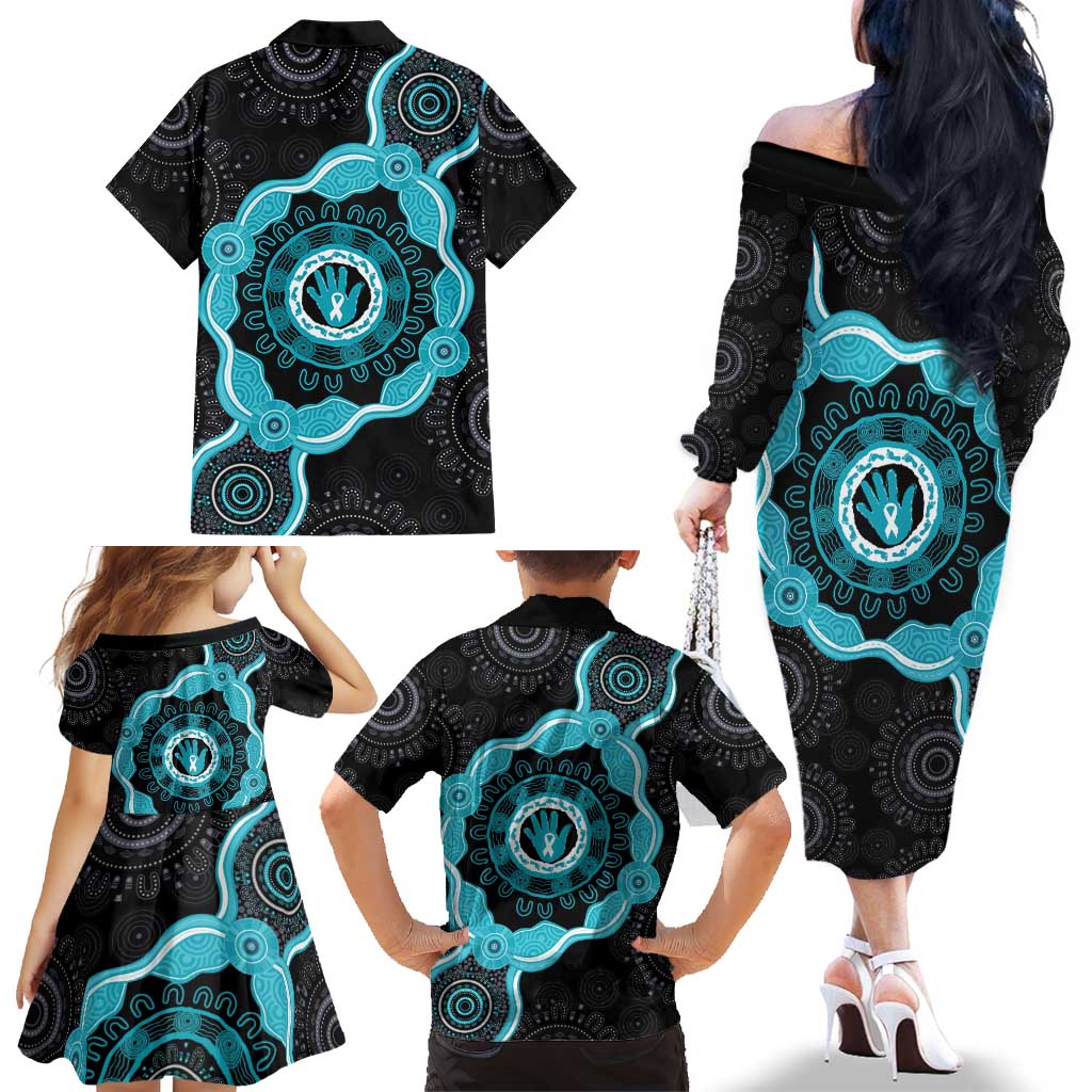 Australia Ovarian Cancer Awareness Family Matching Off The Shoulder Long Sleeve Dress and Hawaiian Shirt Brave Strong Teal Ribbon Aboriginal Art - Aussie Hoodie