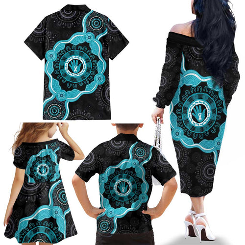 Australia Ovarian Cancer Awareness Family Matching Off The Shoulder Long Sleeve Dress and Hawaiian Shirt Brave Strong Teal Ribbon Aboriginal Art - Aussie Hoodie