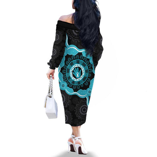 Australia Ovarian Cancer Awareness Family Matching Off The Shoulder Long Sleeve Dress and Hawaiian Shirt Brave Strong Teal Ribbon Aboriginal Art - Aussie Hoodie