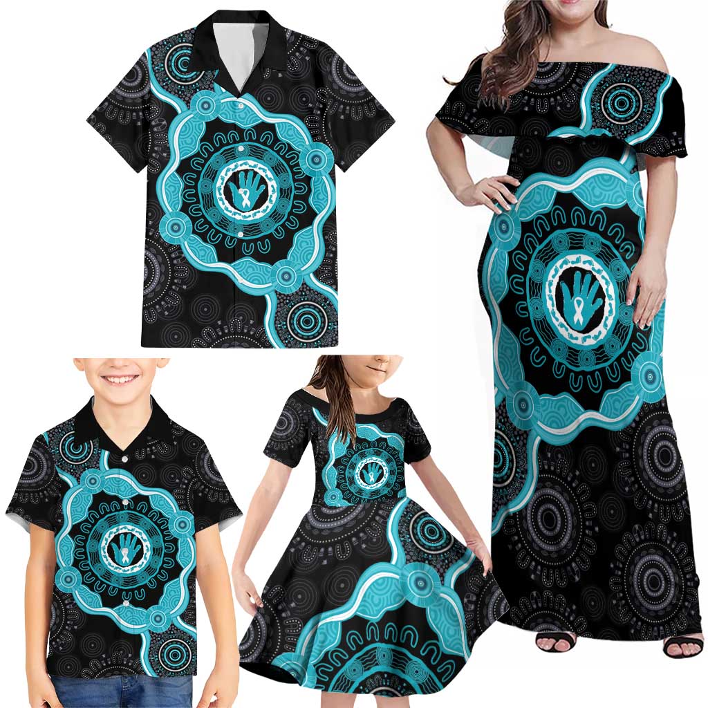Australia Ovarian Cancer Awareness Family Matching Off Shoulder Maxi Dress and Hawaiian Shirt Brave Strong Teal Ribbon Aboriginal Art - Aussie Hoodie