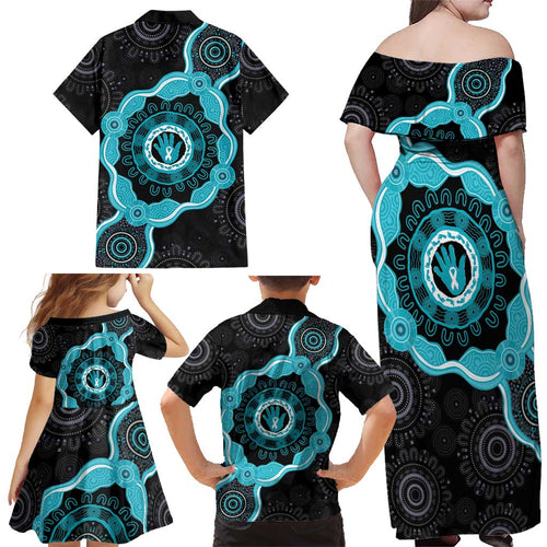 Australia Ovarian Cancer Awareness Family Matching Off Shoulder Maxi Dress and Hawaiian Shirt Brave Strong Teal Ribbon Aboriginal Art - Aussie Hoodie