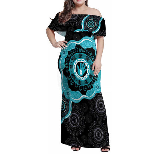 Australia Ovarian Cancer Awareness Family Matching Off Shoulder Maxi Dress and Hawaiian Shirt Brave Strong Teal Ribbon Aboriginal Art - Aussie Hoodie