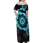 Australia Ovarian Cancer Awareness Family Matching Off Shoulder Maxi Dress and Hawaiian Shirt Brave Strong Teal Ribbon Aboriginal Art - Aussie Hoodie