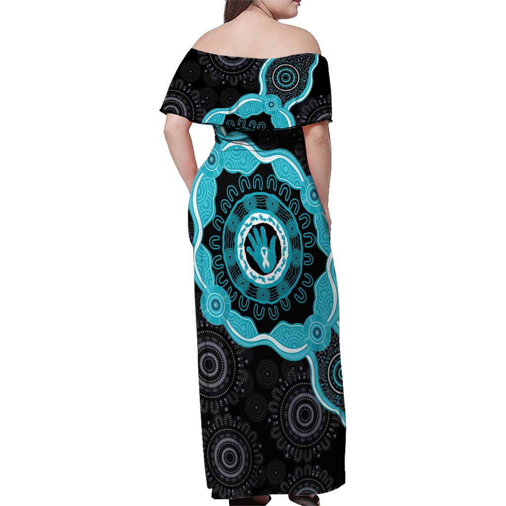 Australia Ovarian Cancer Awareness Family Matching Off Shoulder Maxi Dress and Hawaiian Shirt Brave Strong Teal Ribbon Aboriginal Art - Aussie Hoodie