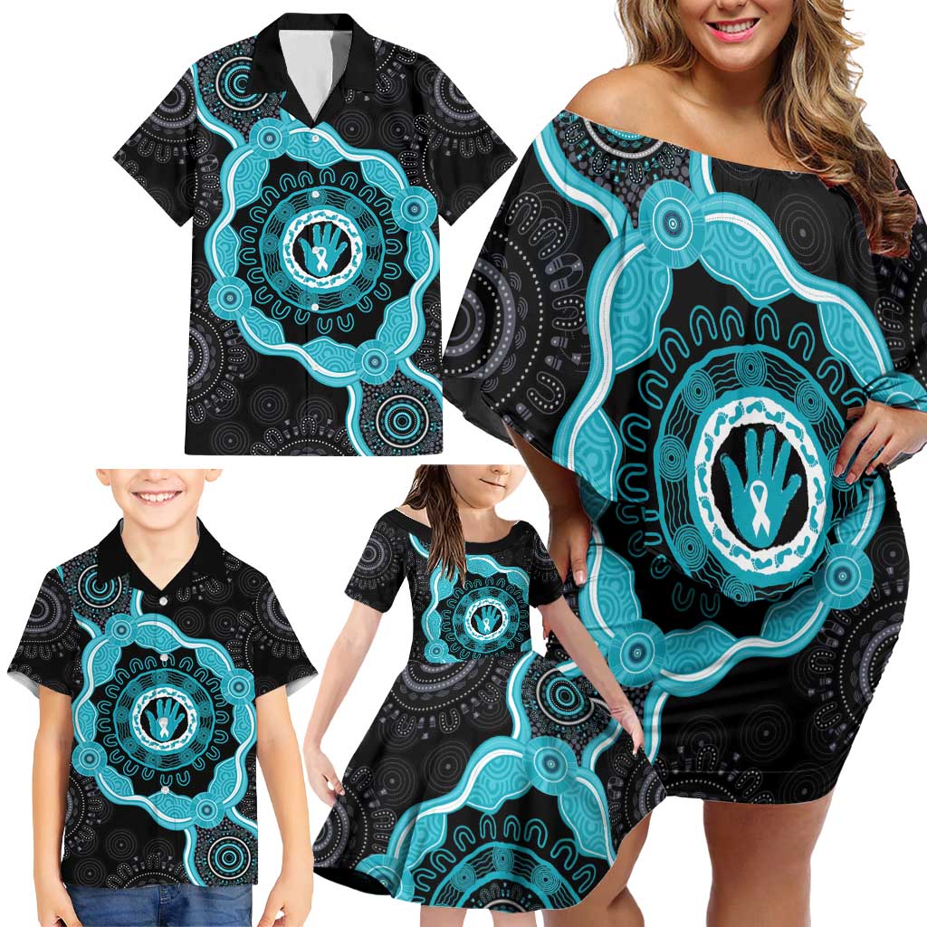 Australia Ovarian Cancer Awareness Family Matching Off Shoulder Short Dress and Hawaiian Shirt Brave Strong Teal Ribbon Aboriginal Art - Aussie Hoodie