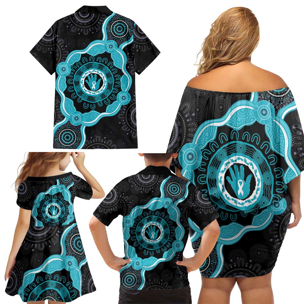 Australia Ovarian Cancer Awareness Family Matching Off Shoulder Short Dress and Hawaiian Shirt Brave Strong Teal Ribbon Aboriginal Art - Aussie Hoodie