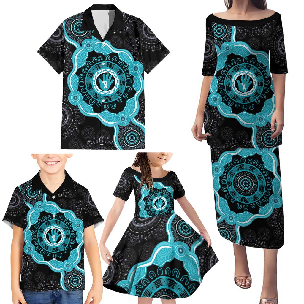 Australia Ovarian Cancer Awareness Family Matching Puletasi and Hawaiian Shirt Brave Strong Teal Ribbon Aboriginal Art - Aussie Hoodie