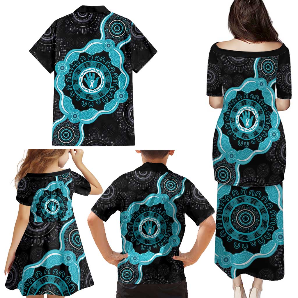Australia Ovarian Cancer Awareness Family Matching Puletasi and Hawaiian Shirt Brave Strong Teal Ribbon Aboriginal Art - Aussie Hoodie