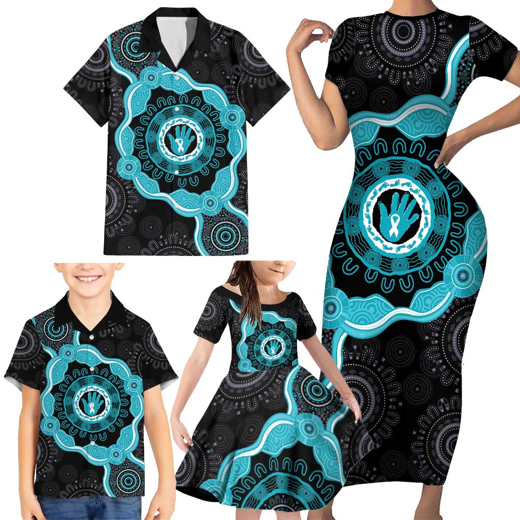 Australia Ovarian Cancer Awareness Family Matching Short Sleeve Bodycon Dress and Hawaiian Shirt Brave Strong Teal Ribbon Aboriginal Art - Aussie Hoodie