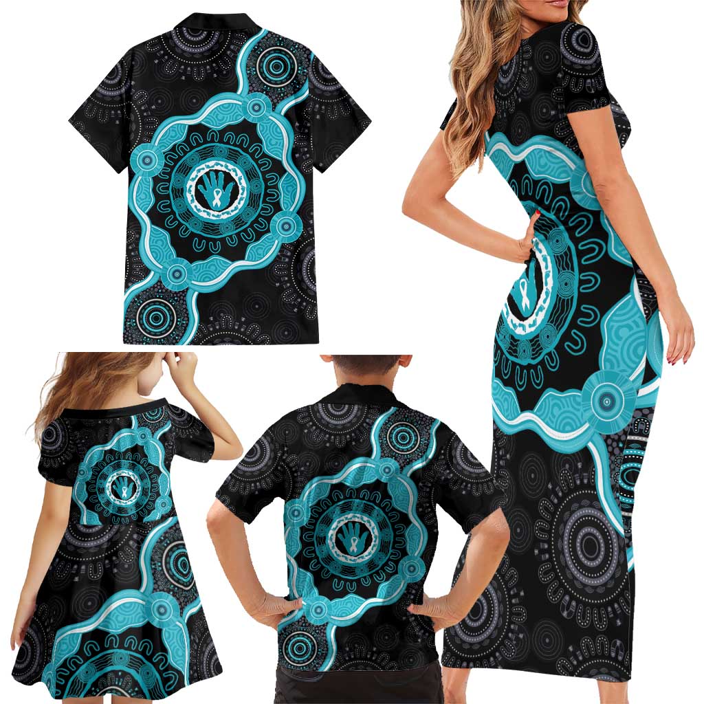 Australia Ovarian Cancer Awareness Family Matching Short Sleeve Bodycon Dress and Hawaiian Shirt Brave Strong Teal Ribbon Aboriginal Art - Aussie Hoodie