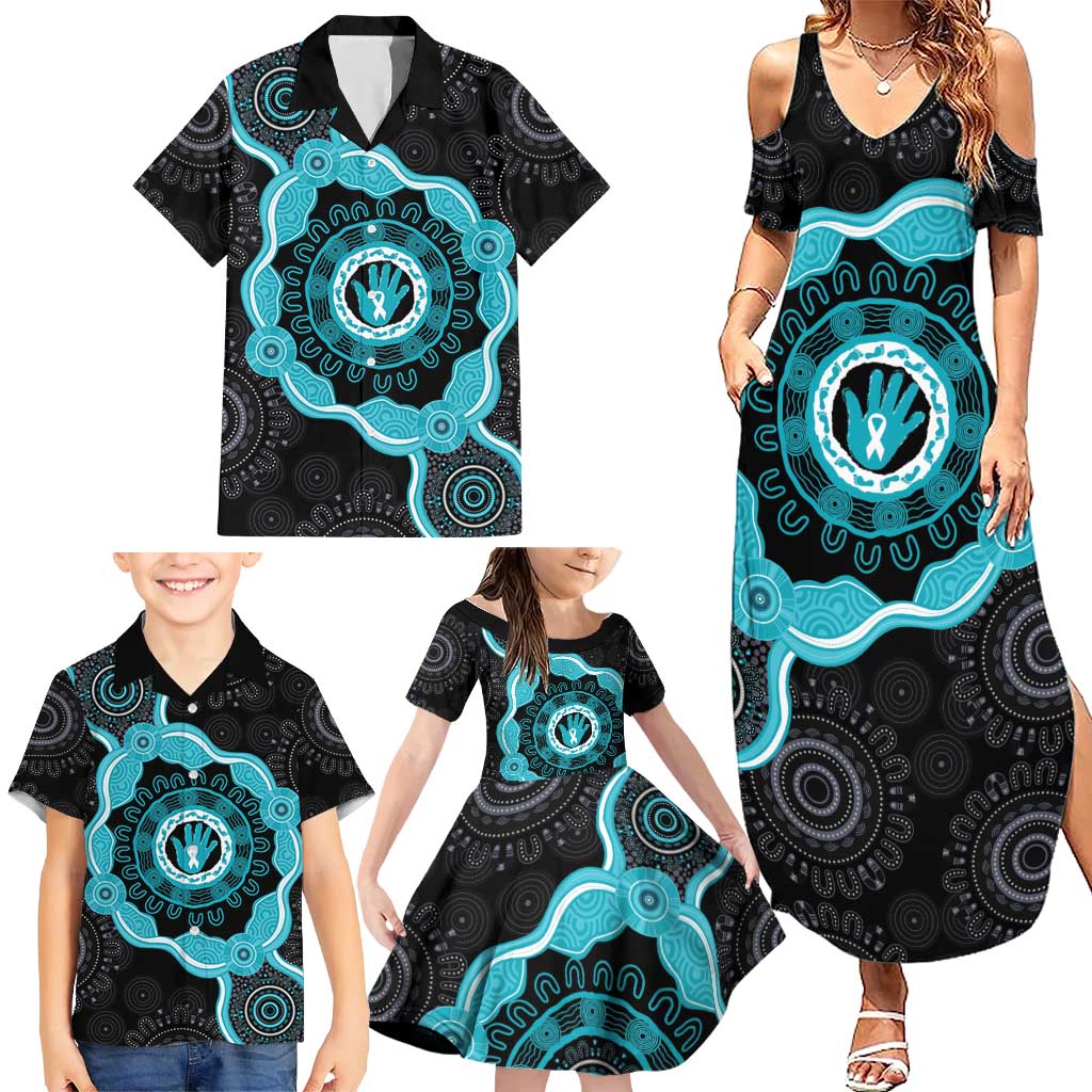 Australia Ovarian Cancer Awareness Family Matching Summer Maxi Dress and Hawaiian Shirt Brave Strong Teal Ribbon Aboriginal Art - Aussie Hoodie