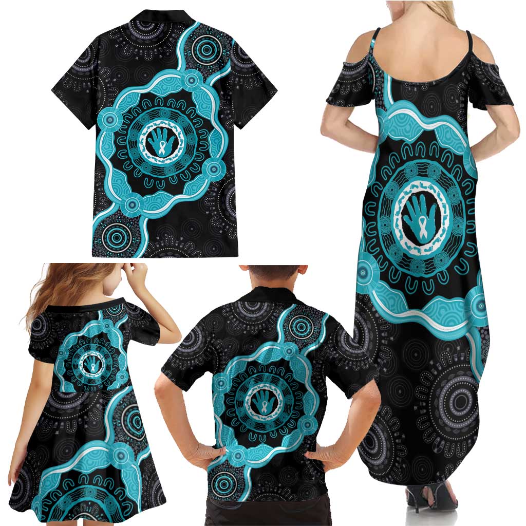 Australia Ovarian Cancer Awareness Family Matching Summer Maxi Dress and Hawaiian Shirt Brave Strong Teal Ribbon Aboriginal Art - Aussie Hoodie