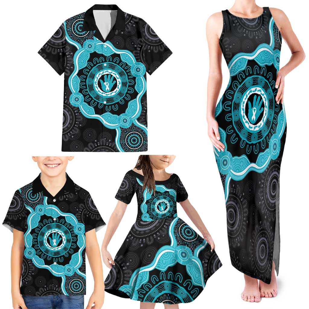 Australia Ovarian Cancer Awareness Family Matching Tank Maxi Dress and Hawaiian Shirt Brave Strong Teal Ribbon Aboriginal Art - Aussie Hoodie