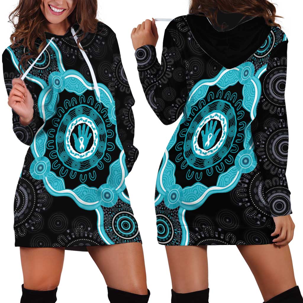 Australia Ovarian Cancer Awareness Hoodie Dress Brave Strong Teal Ribbon Aboriginal Art - Aussie Hoodie