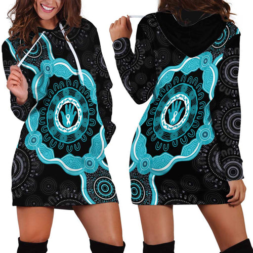 Australia Ovarian Cancer Awareness Hoodie Dress Brave Strong Teal Ribbon Aboriginal Art - Aussie Hoodie