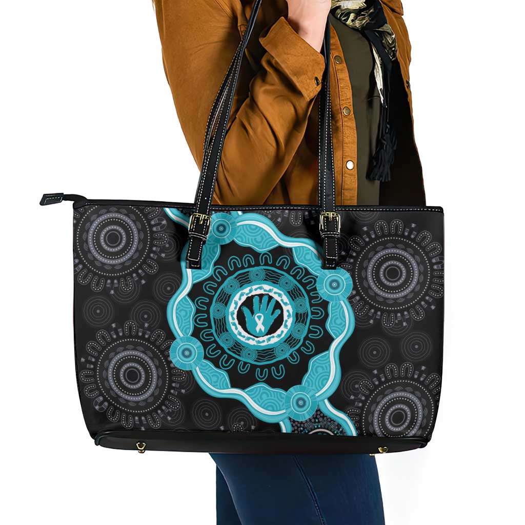 Australia Ovarian Cancer Awareness Leather Tote Bag Brave Strong Teal Ribbon Aboriginal Art - Aussie Hoodie