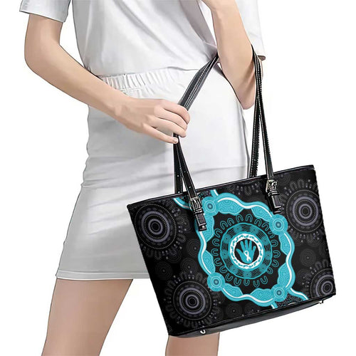 Australia Ovarian Cancer Awareness Leather Tote Bag Brave Strong Teal Ribbon Aboriginal Art - Aussie Hoodie