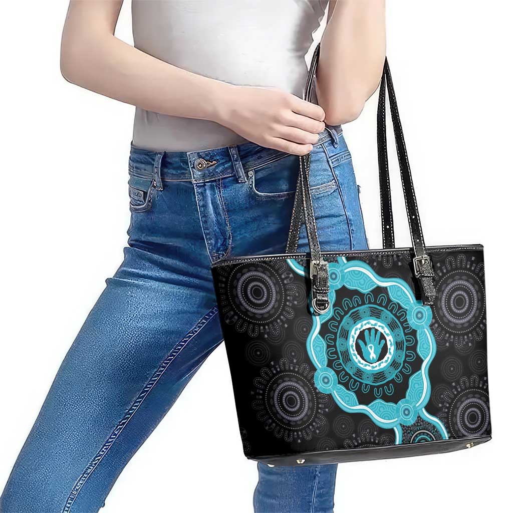 Australia Ovarian Cancer Awareness Leather Tote Bag Brave Strong Teal Ribbon Aboriginal Art - Aussie Hoodie